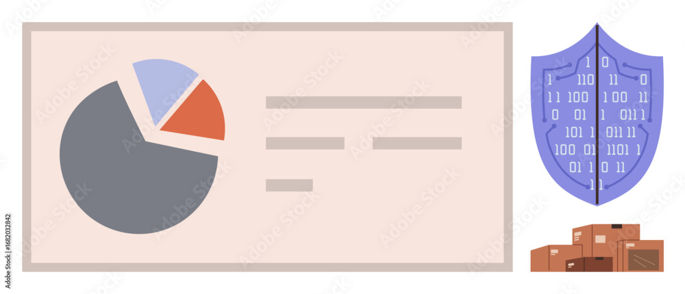 Poster pie chart with text annotations, digital shield symbolizing cybersecurity, and stacked packages. ide