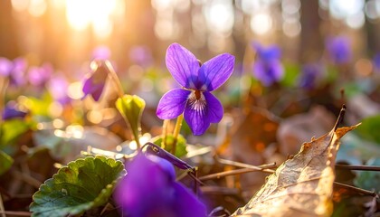 Vibrant purple wildflowers bathed in sunlight, showcasing delicate petals and lush foliage in a forest floor setting. © Valat