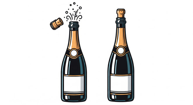 Two illustrated champagne bottles, one popping with cork and bubbles, for celebration on an isolated transparent background