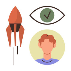 Rocket launching, an eye with a checkmark, and a person symbolizing leadership, innovation, goals, vision, personal growth, business and ambition. Ideal for proactive ideas simple flat metaphor