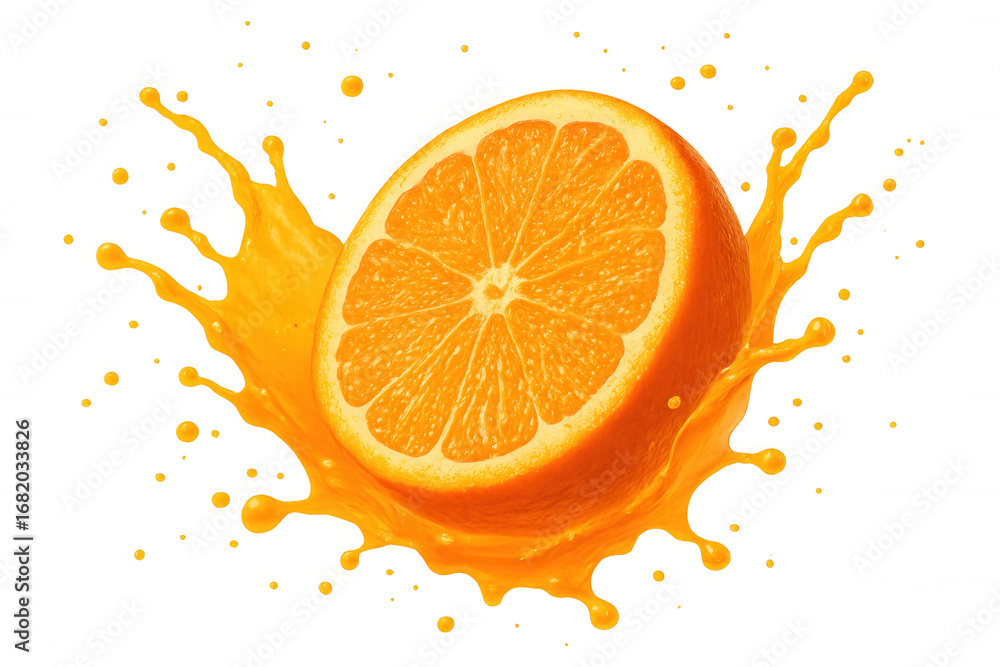 Poster freshly squeezed orange juice splashing around a half orange, creating a vibrant display of citrus f
