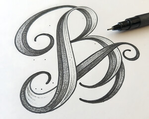 A detailed drawing of a letter b with a black pen resting on a white surface next to the letter
