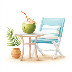 Watercolor beach scene with coconut drink palm plant and blue striped chair