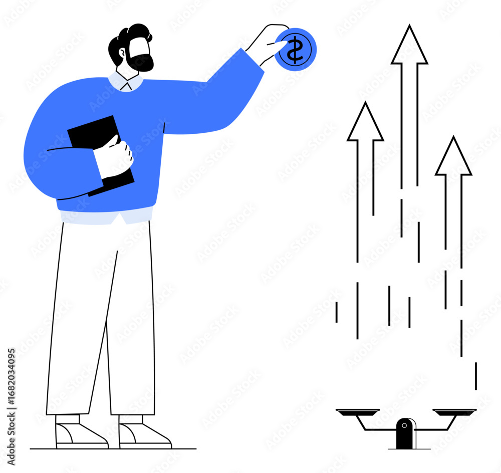 Poster man holding investment coin and book, placing coin on a balance scale with arrows representing growt