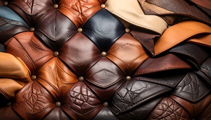 Obraz premium A close-up view of a quilted leather surface, showcasing a variety of rich browns, tans, and deep blacks, with a tufted design.