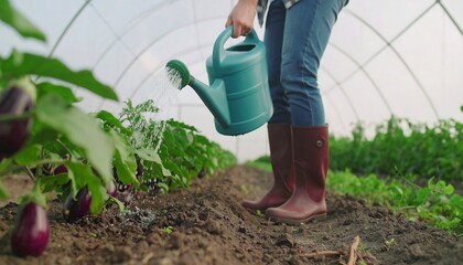 Person watering plants in a greenhouse