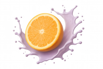 Orange slice splashing into purple liquid, creating a vibrant and refreshing image on a transparent background