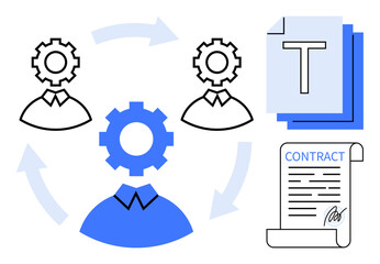 People with gear heads symbolizing collaboration, document stacks for data management, contract sheet for agreements, and arrows representing cyclical workflow. Ideal for teamwork, productivity, HR