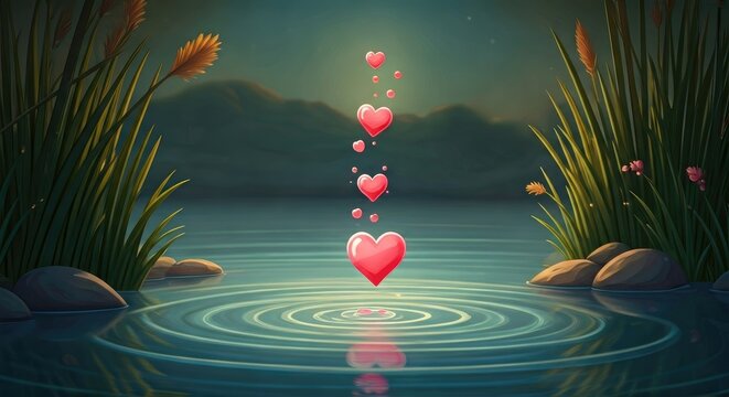 Pink hearts cascade into a lake, serene scene