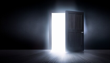 a door in a dark room is open revealing bright light behind it