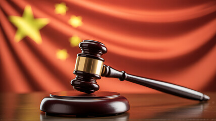 Wooden gavel on stand with Chinese flag background symbolizes justice, law, and order, perfect for legal concepts