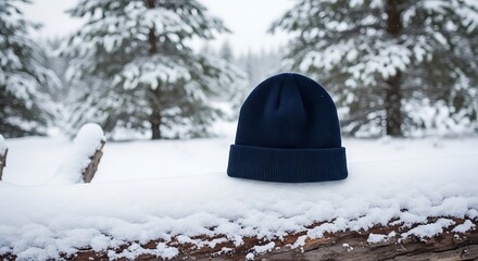 Cozy navy blue beanie hat resting on a snow-covered log in a tranquil, frosty winter forest landscape