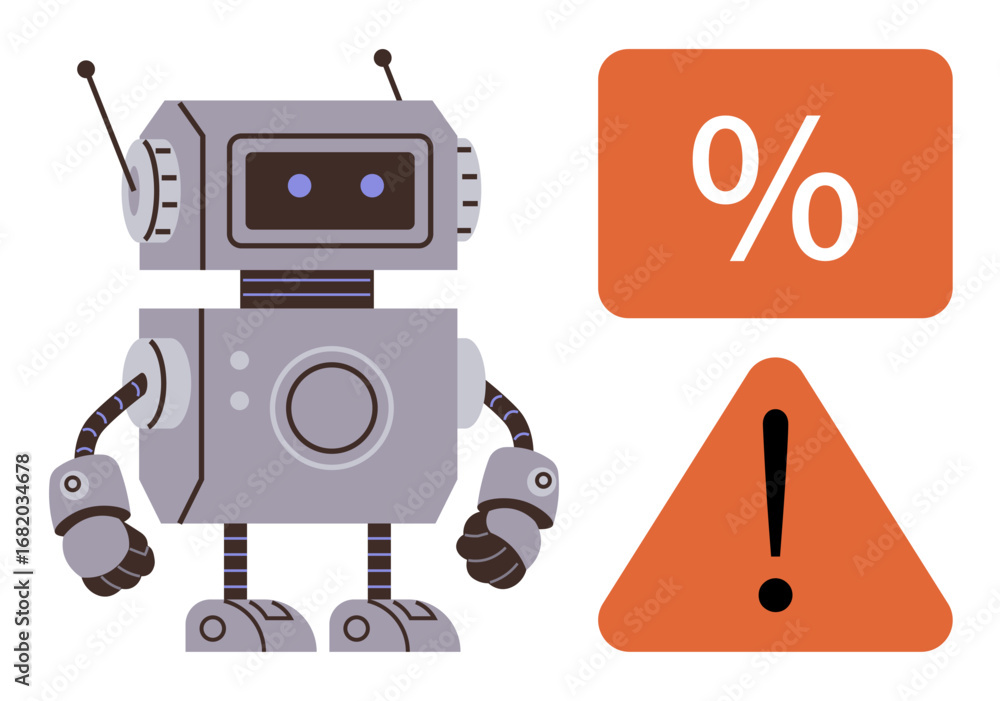 Poster friendly robot standing beside an orange alert triangle and percentage block. ideal for technology, 