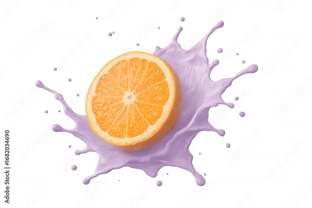 Poster orange slice splashing into purple liquid, creating a dynamic splash on a transparent background, pe