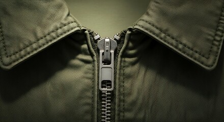 Detailed close-up view of a metal zipper and textured fabric collar on a classic olive green jacket, highlighting fashion and textile concepts