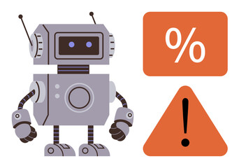 Fototapeta premium Friendly robot standing beside an orange alert triangle and percentage block. Ideal for technology, automation, data monitoring, risk management, artificial intelligence, tech warnings, simple flat