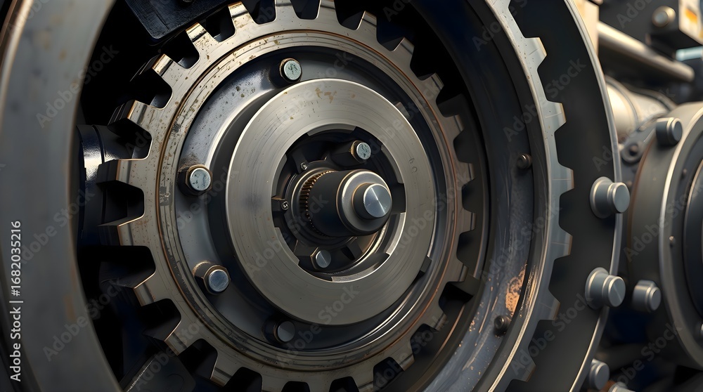Poster close up detailed view of machine gears and wheels showing precision engineering, technology, and in