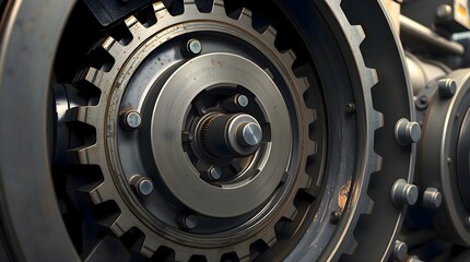Fototapeta premium Close up detailed view of machine gears and wheels showing precision engineering, technology, and industrial mechanics representing production, mechanical power, and factory equipment