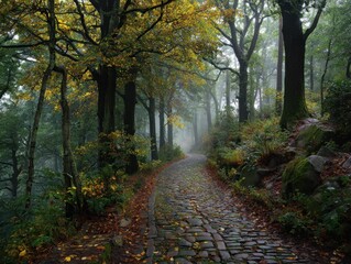 Naklejka premium Autumnal Path Through a Misty Forest A Serene Nature Scene
