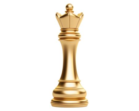 Gold color chess queen isolated on a transparent background.