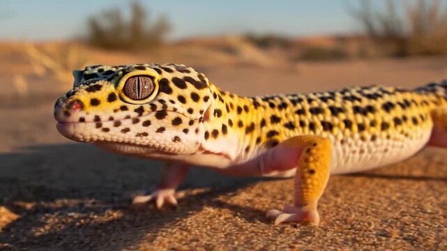 Close-up of a vibrant leopard gecko standing on golden desert sand at sunset