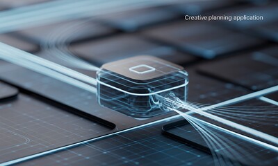 Abstract 3D rendering of a transparent digital app interface with glowing lines connecting to a central processing unit, futuristic technology concept.