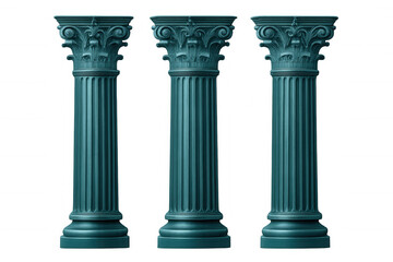 Obraz premium Three turquoise classic columns isolated on transparent background, ideal for architectural visualization or history projects