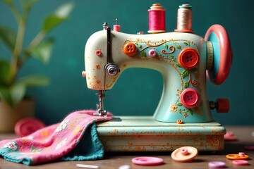 Fototapeta premium A whimsical sewing machine adorned with colorful threads and buttons, surrounded by fabric scraps and needles, evokes a playful, creative spirit , artisan, buttons