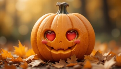 Carved pumpkin with heart shaped eyes smiling face autumn leaves Halloween