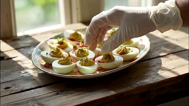 Close-up shot of a person arranging a plate of beautifully prepared deviled eggs.