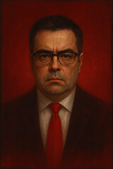 Serious portrait of a man in a suit and red tie, wearing glasses, with a dramatic red background, evoking authority and intensity.