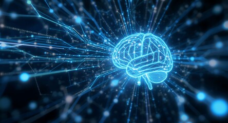 Abstract glowing brain, neural network, artificial intelligence, digital technology, futuristic concept, network connections, data flow, 