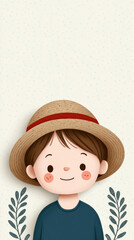 Smiling cartoon child with straw hat and blue shirt