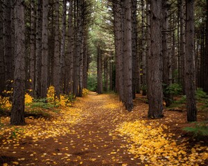 Obraz premium Pathway Through a Dense Forest with Autumn Leaves