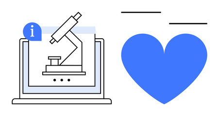 Microscope diagram displayed on laptop screen with info icon and blue heart symbolizing innovation, health, and care. Ideal for healthcare, research, diagnostics, education, love, empathy simple
