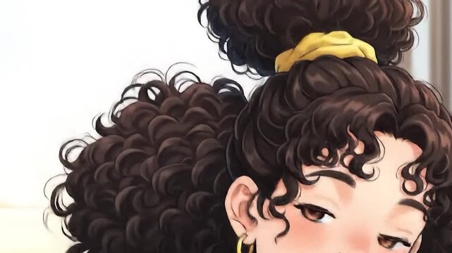 Close-up of an animated girl's face with voluminous curly hair and a yellow scrunchie