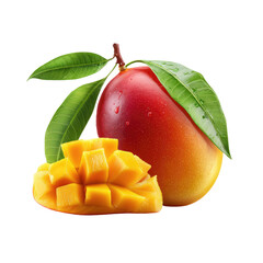 Ripe mango, whole and diced, with leaves