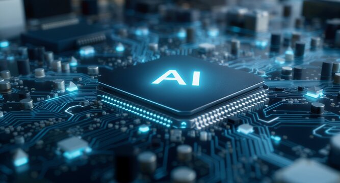 AI Technology Chip on Circuit Board, Digital Innovation, Futuristic Technology Background, Abstract Technology Concept
