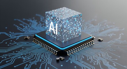 AI technology, digital cube, futuristic concept, microprocessor, circuit board, network, artificial intelligence, technology background 