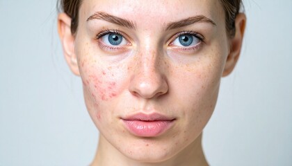 Young woman's unfiltered portrait showing acne, breakouts, and skin texture. Ideal for marketing skincare products, dermatology services, or promoting body positivity.
