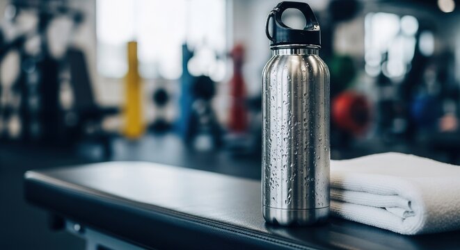 Stainless Steel Water Bottle on Gym Bench for Fitness Hydration Campaign  
