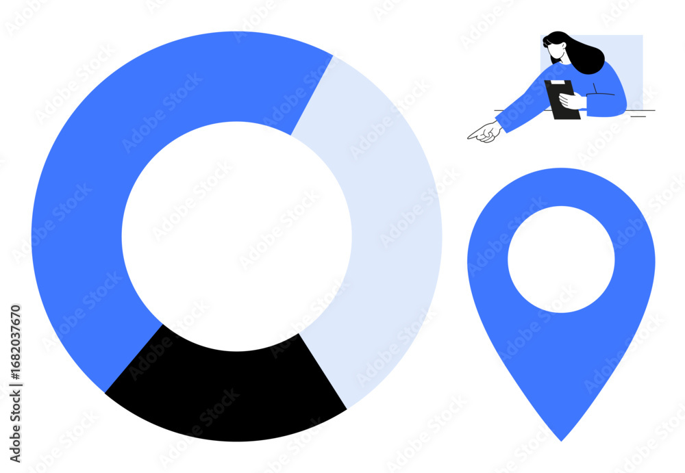 Poster large blue pie chart and location pin with a woman analyzing data on a clipboard. ideal for analytic