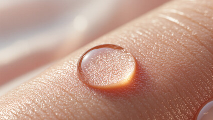 Fototapeta premium A macro close-up of a drop of a clear, glowing liquid on human skin. The image beautifully highlights hydration, skincare, wellness, and the effectiveness of a moisturizing or a cosmetic product.