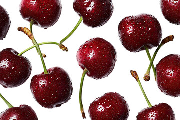 Close-up view of many fresh cherries.  Each cherry is a deep red, glistening with water droplets. Stems and leaves are visible. Patterned,  repeating, and filling the frame