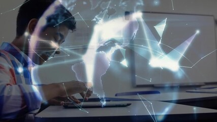 Teenage boy tapping tablet screen and generating holographic data globe for classroom learning - Powered by Adobe