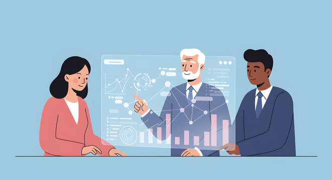 Business Team Analyzing Data on Transparent Screen in Futuristic Office Setting with Diverse Professionals Collaborating and Interpreting Graphs and Charts