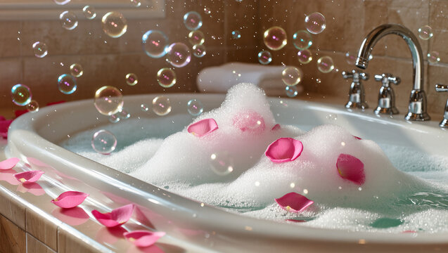 A luxurious bubble bath with floating pink rose petals. The image is a close-up of the tub, capturing the beauty of a relaxing and indulgent self-care ritual. Bubbles and sparkles fill the air.


