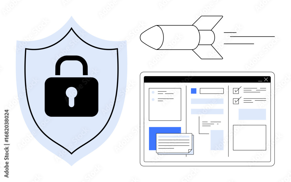 Poster lock on shield for security, missile symbolizing threats, and website interface with layered content