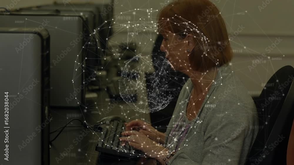 Aufkleber mature woman typing data on keyboard in lab, initiating rotating network sphere for data analysis
