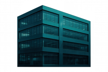 Modern office building showcasing a sleek glass facade with transparent background, perfect for urban development projects